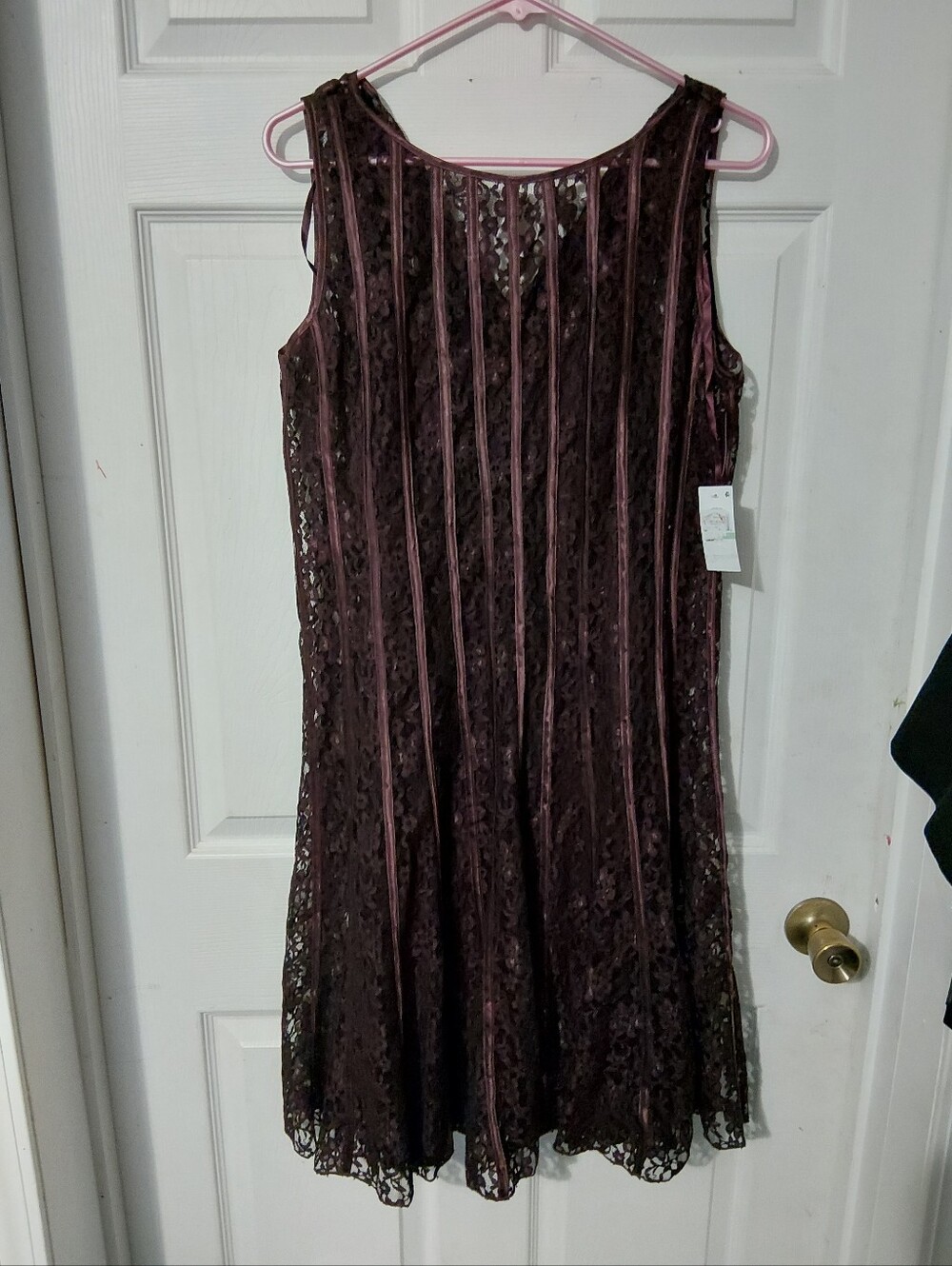 SLNY Plum Lace Midi Dress with Velvet Stripe Accents